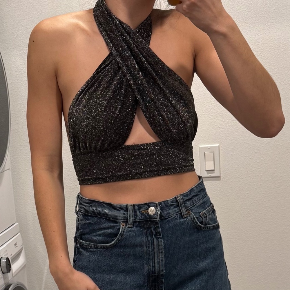 Shein Silver Cross Front Halter Crop Top